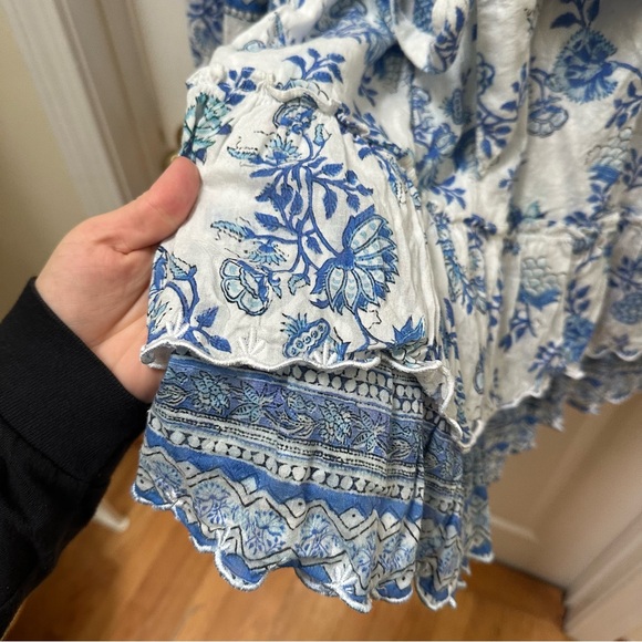 HEMANT & NANDITA V Neck Floral Print Mini Dress Blue White m medium flare tie - Picture 10 of 10